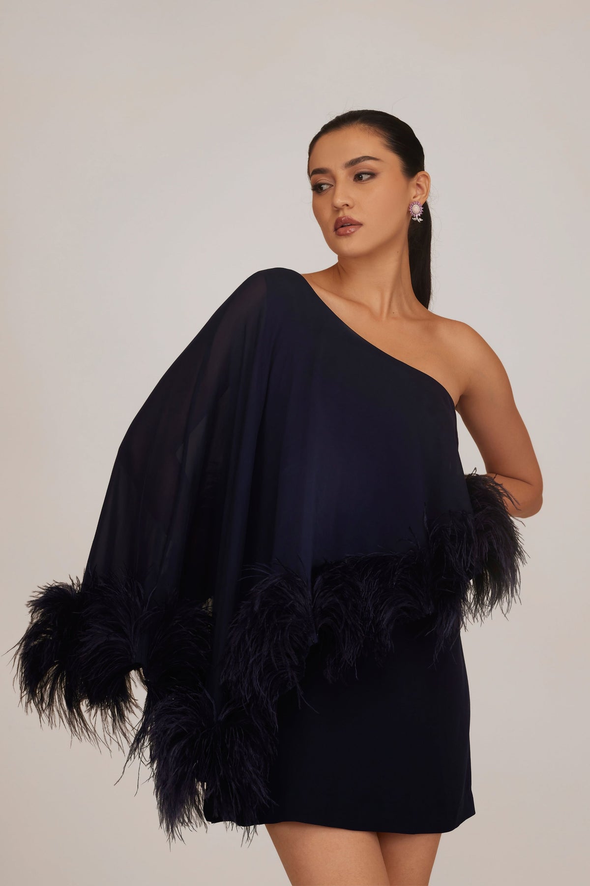 Feather Asymmetric Cape Dress