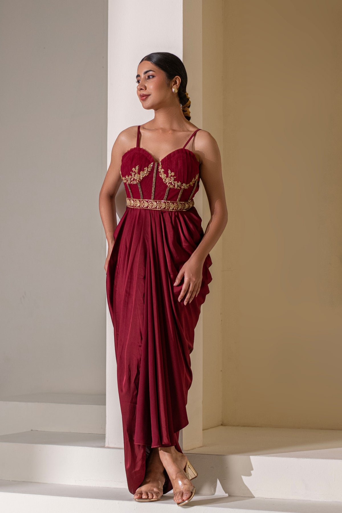 Maroon  Pre-Draped Saree Dress