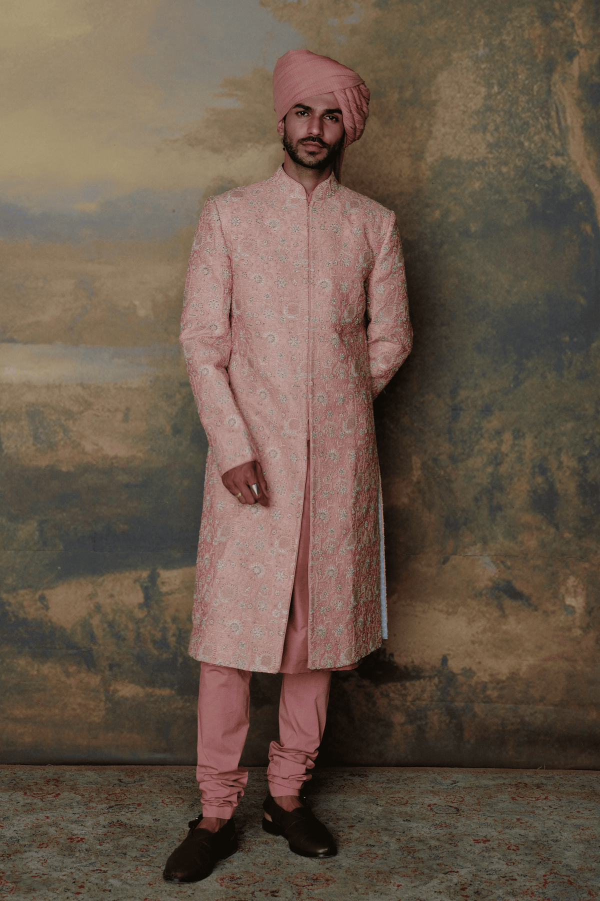 Peach Sherwani Set With Pagdi