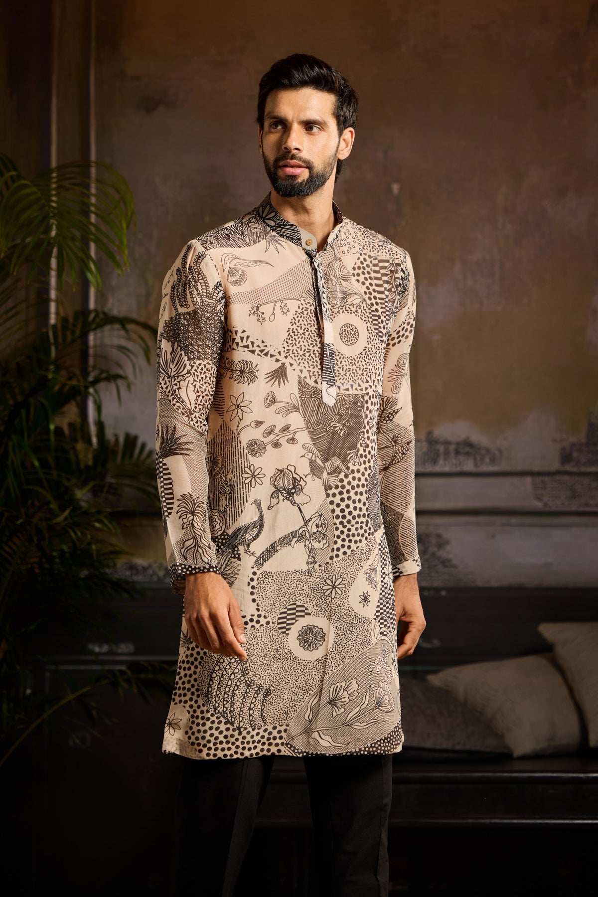 Beige and Black Kurta set