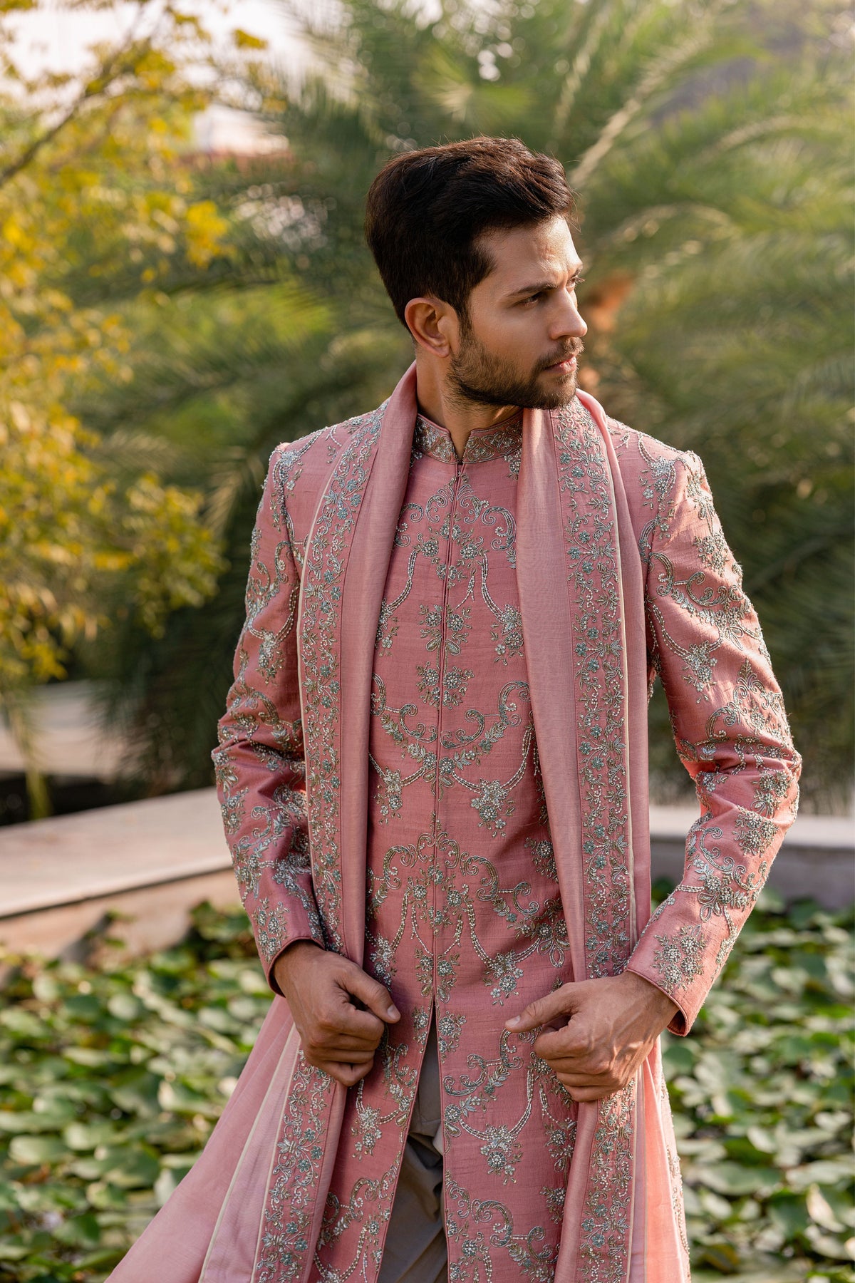 Peach Embroidered Sherwani Set