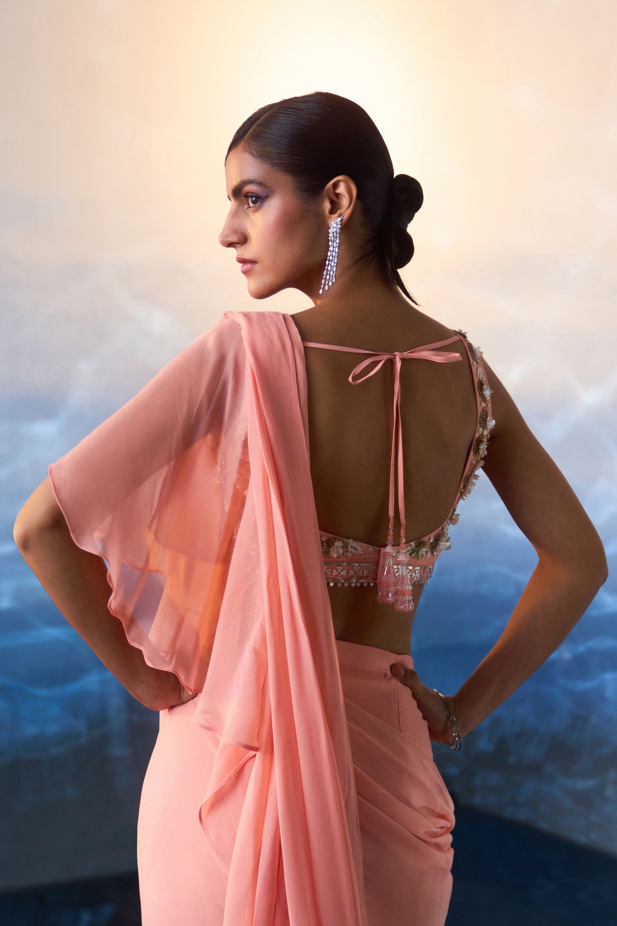 Peach Drape Saree Set