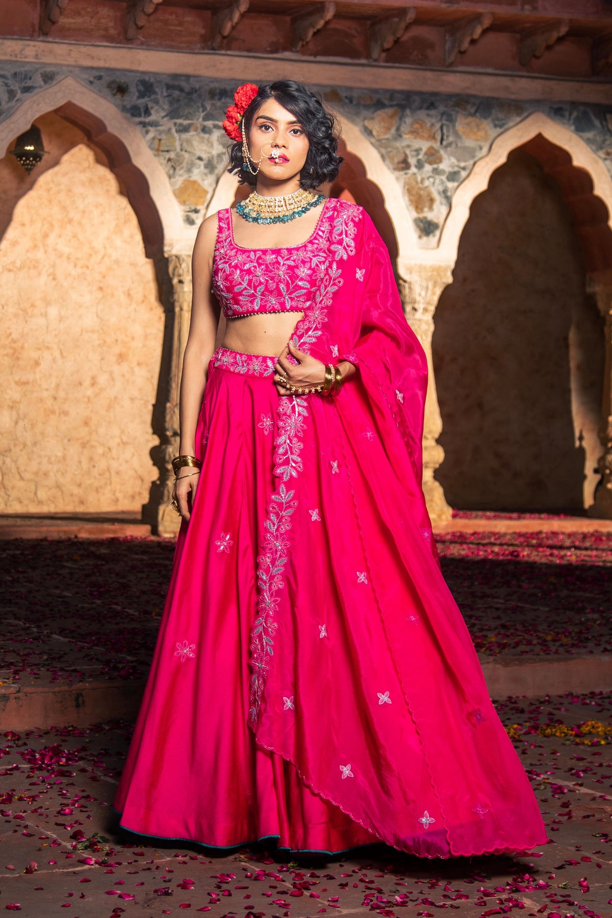 Hot Pink Embroidered Lehenga Set