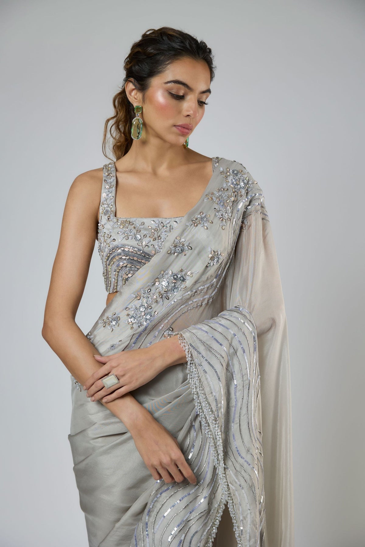 Grey Embroidered Draped Saree Set