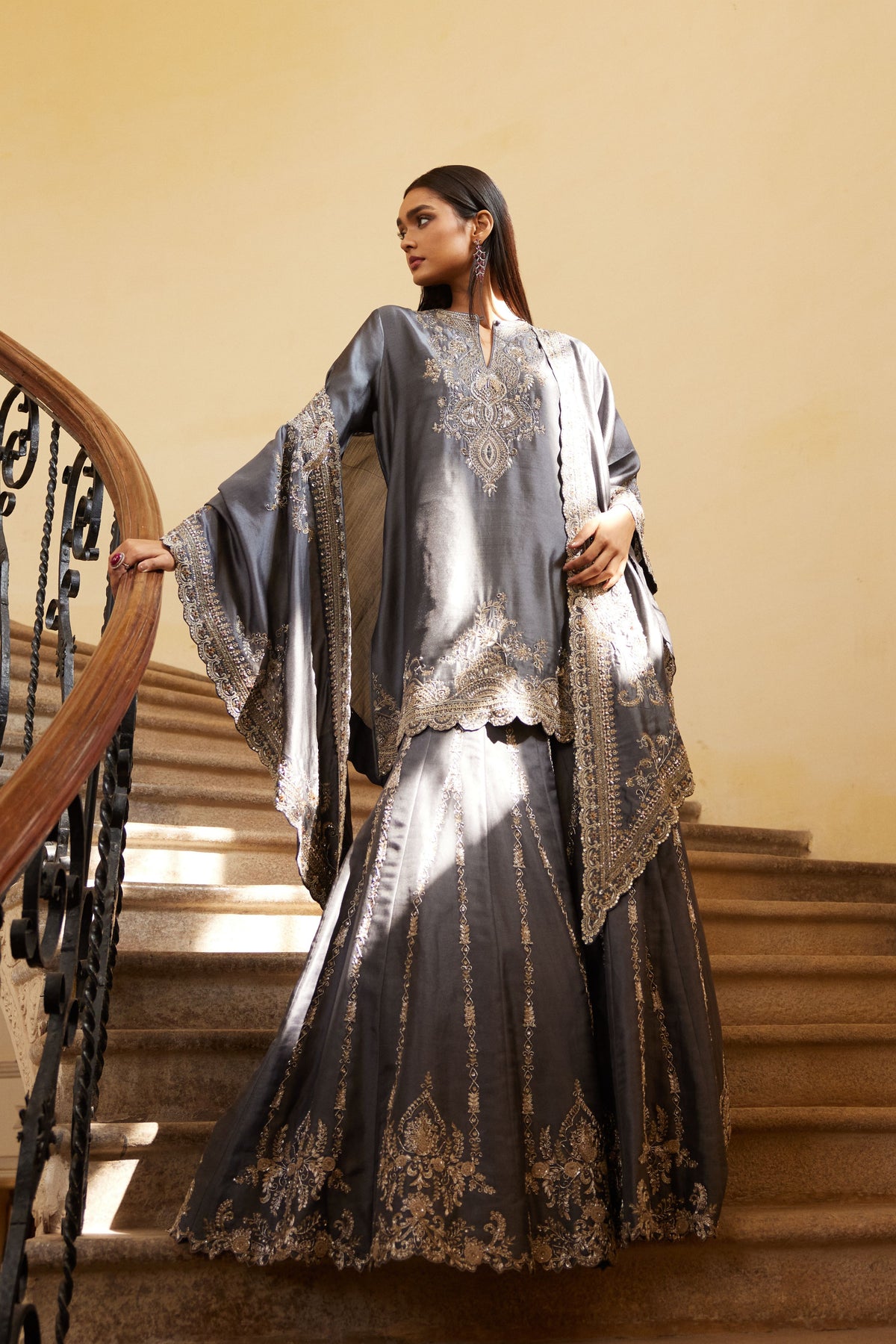 Teal Grey Sharara Cape Set