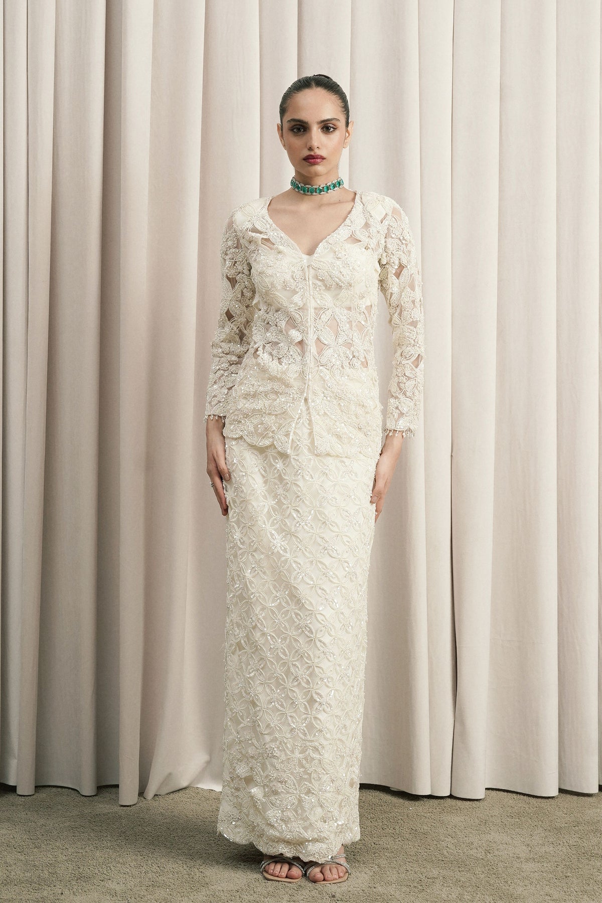 Ivory Pearl Embellished Jacket Set