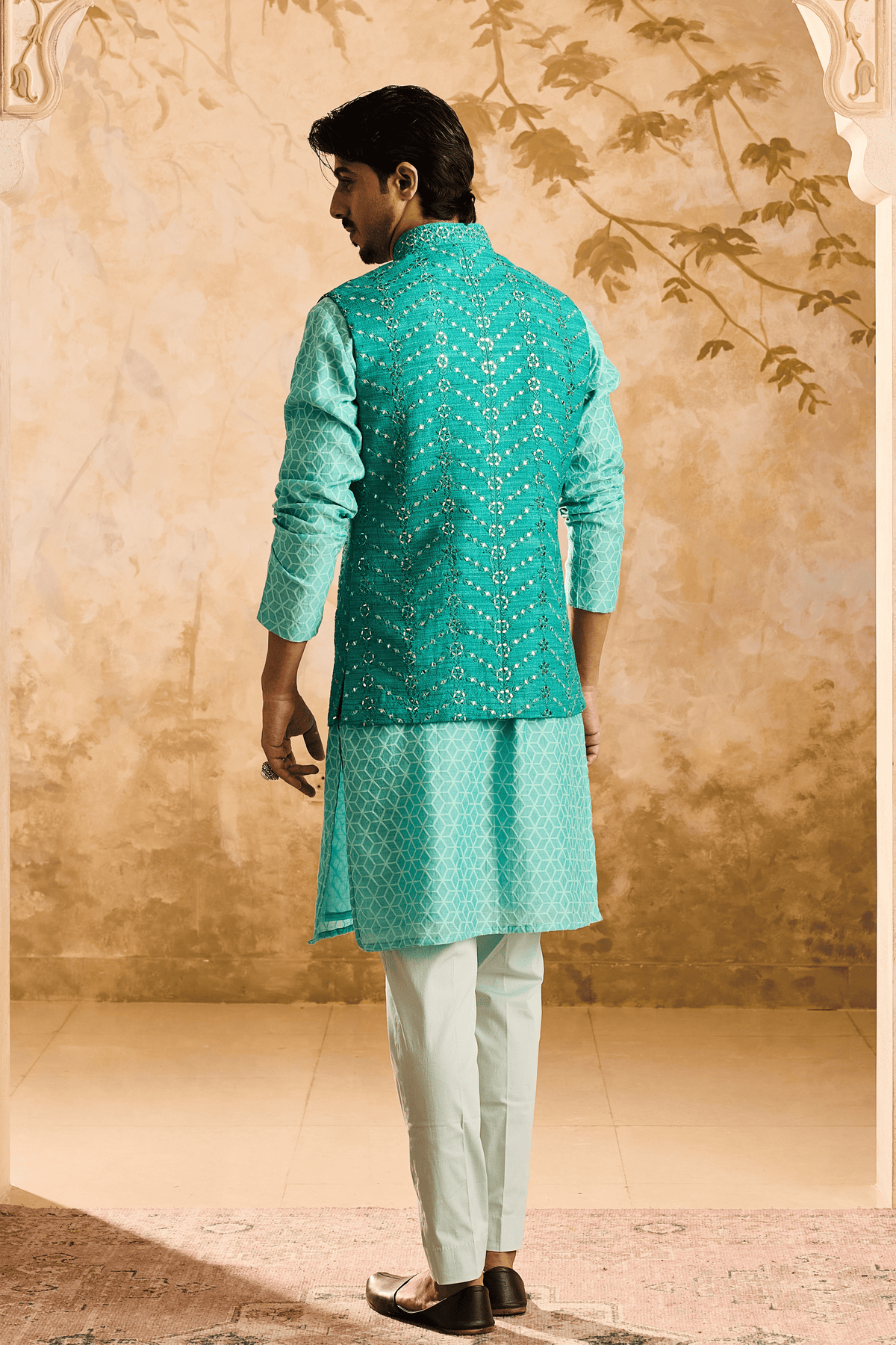 Teal Mirrorwork Nehru Jacket Kurta Set