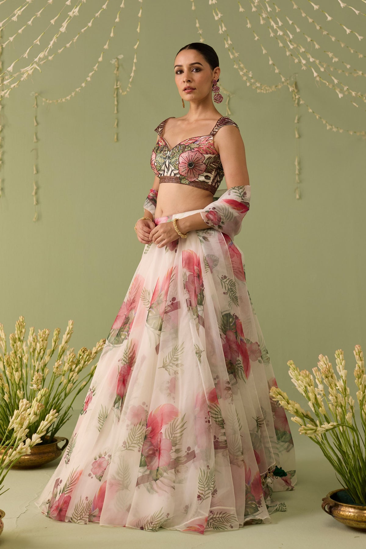 White Printed Organza Lehenga Set
