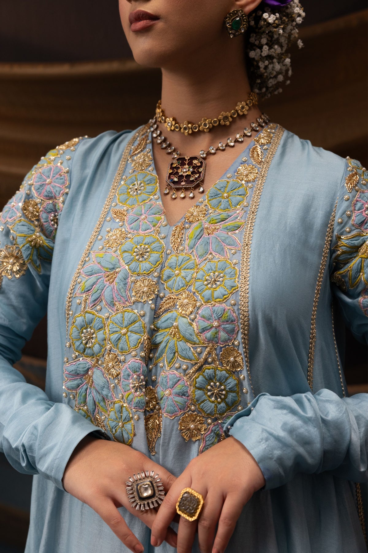Blue 3D Embroidered Anarkali Set