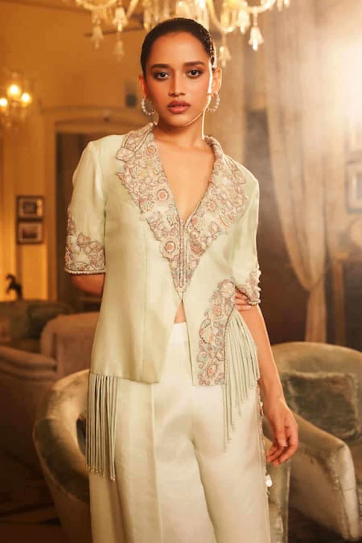 Hand Embroidered Side Cutout Jacket Set