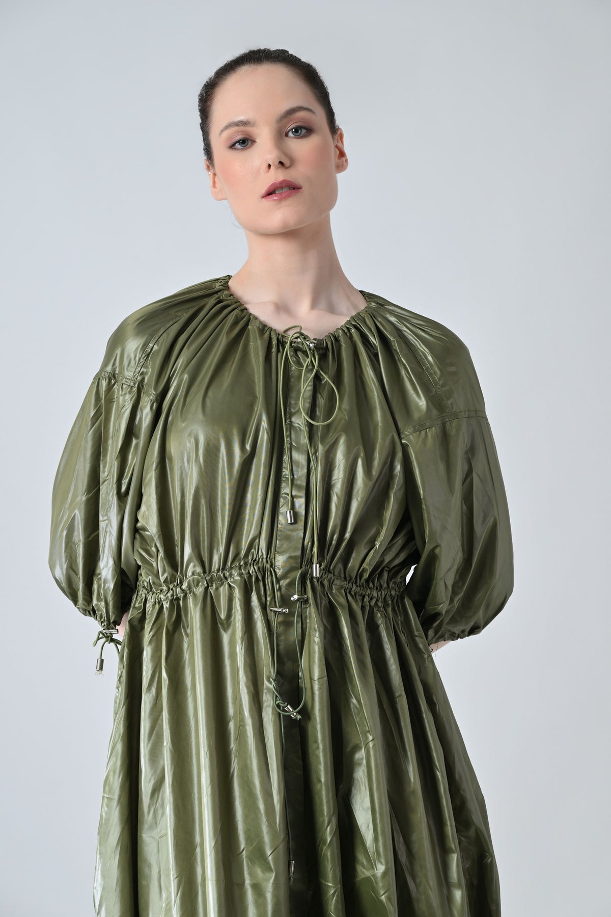 Olive Utility Gathered Ballon Dress