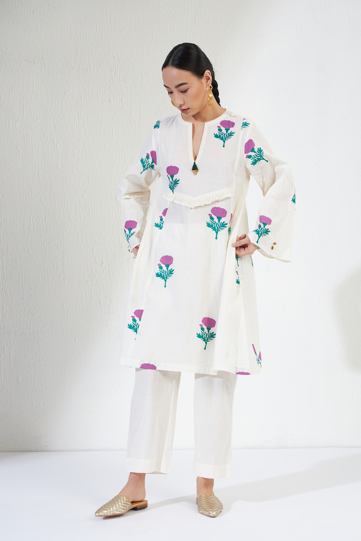 White Block Print Kurta Set