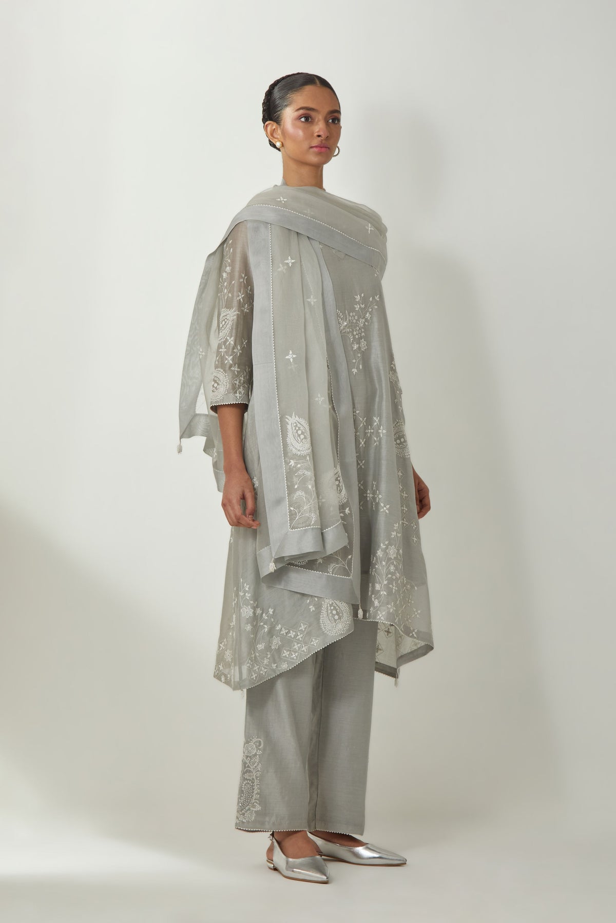 Grey Silk Chanderi Kurta Set