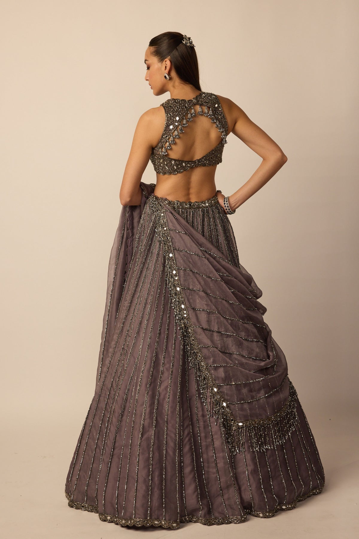 Metallic Grey Linear Lehenga Set