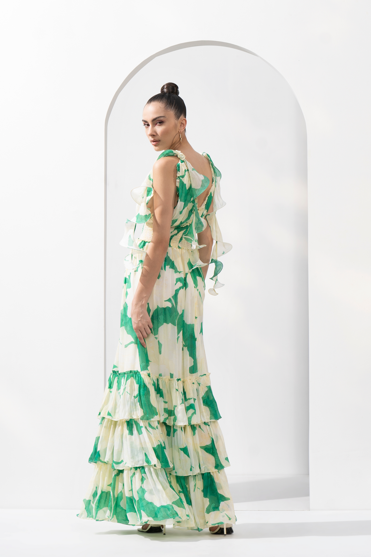 Bling Texture Chiffon Printed Tiered Dress
