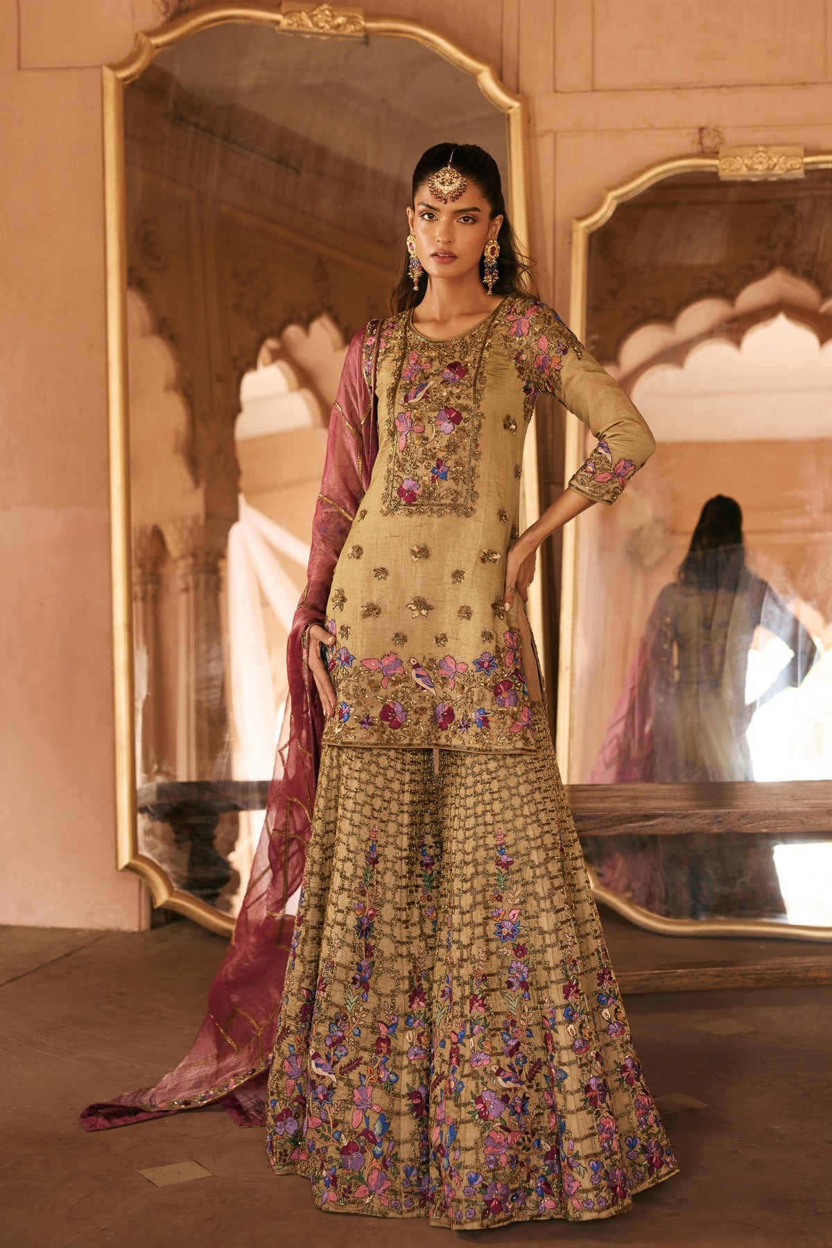 Resham Embroidery Gold Sharara Set