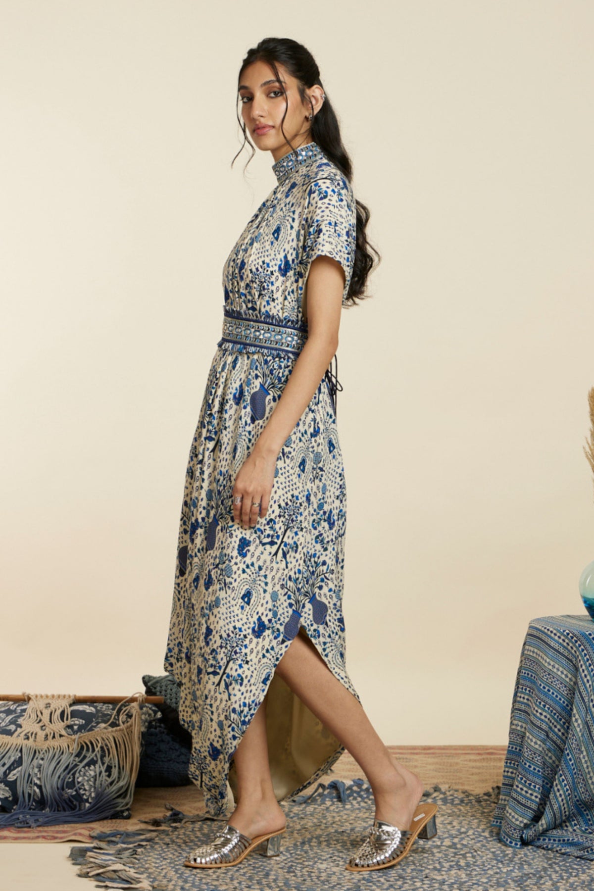 Safar Blue Drape Dress With Belt