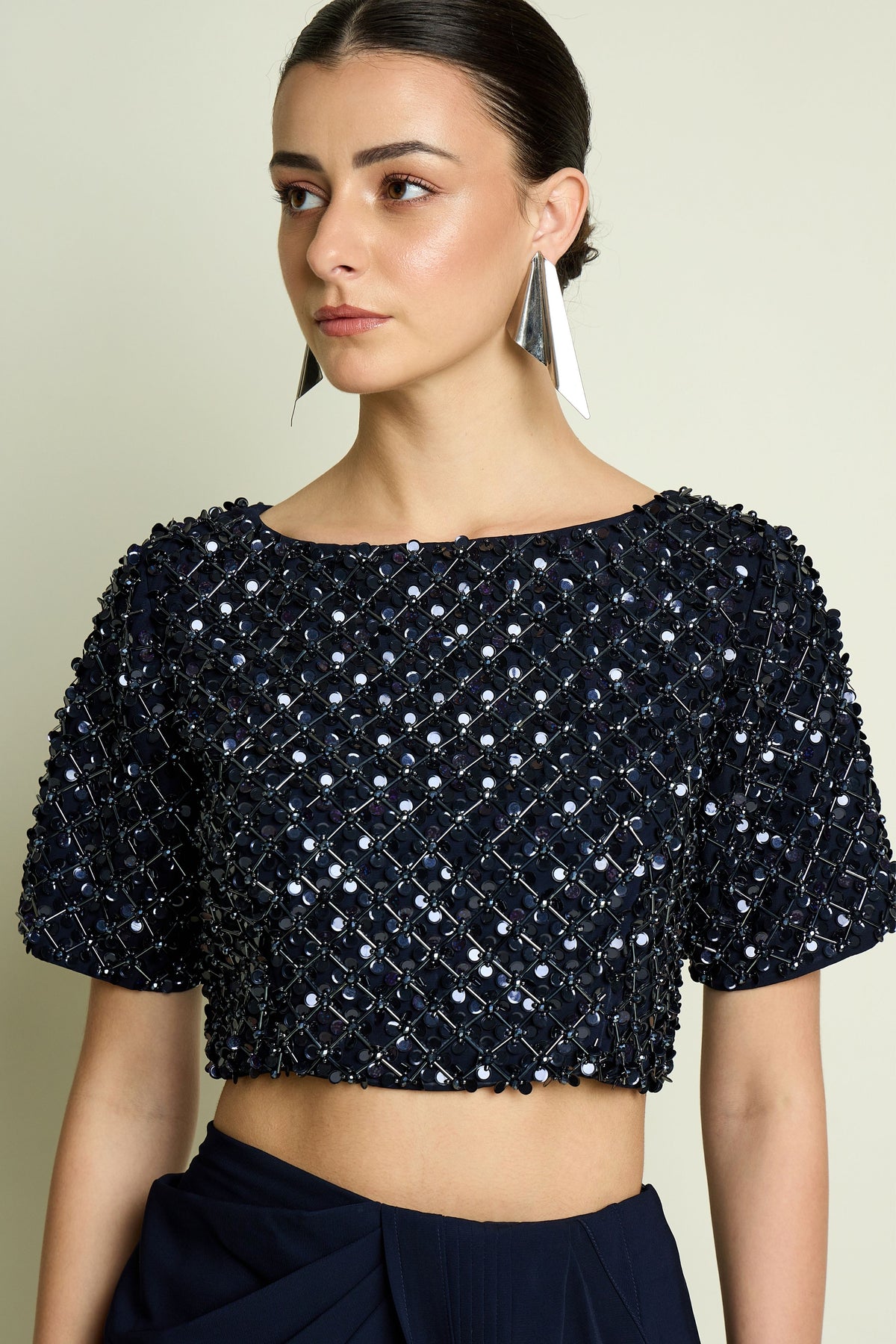 Crystal Navy Draped Saree Set