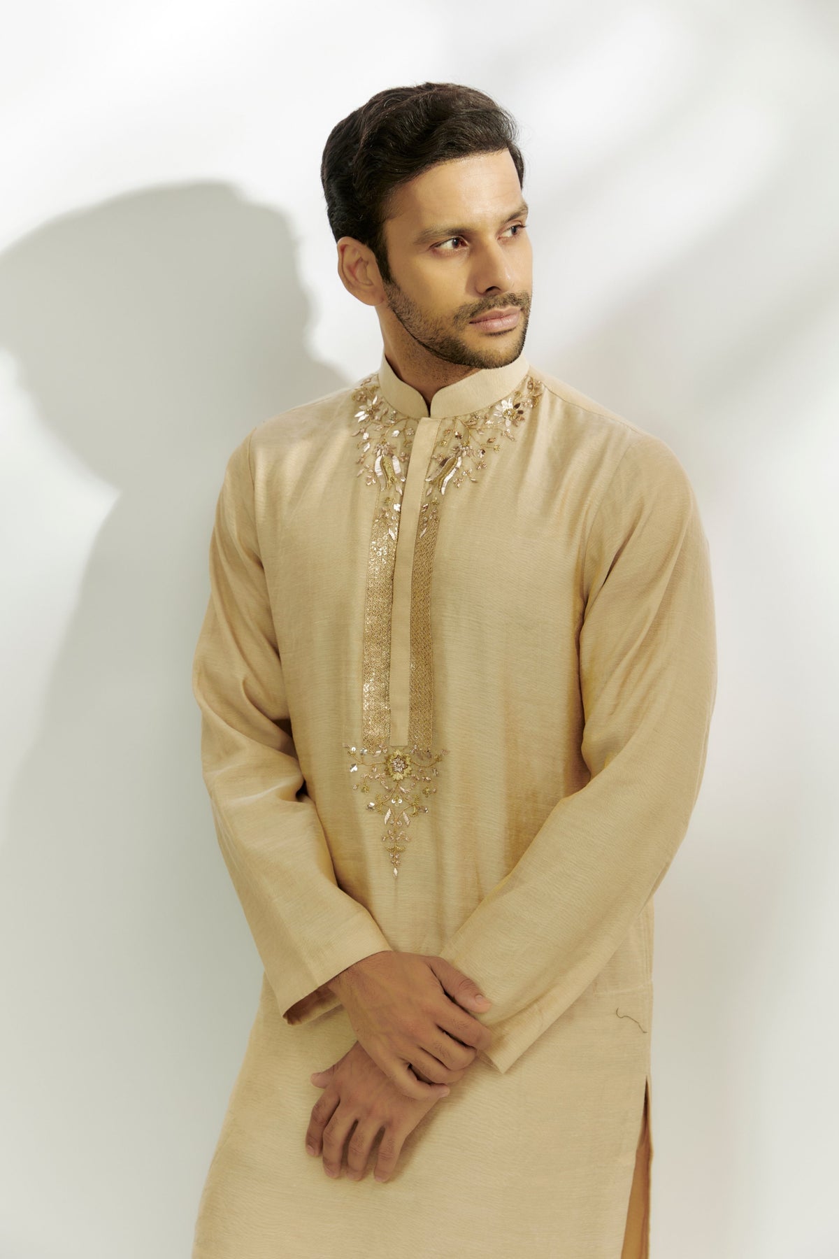 Beige Chanderi Tissue Embroidered Kurta Set