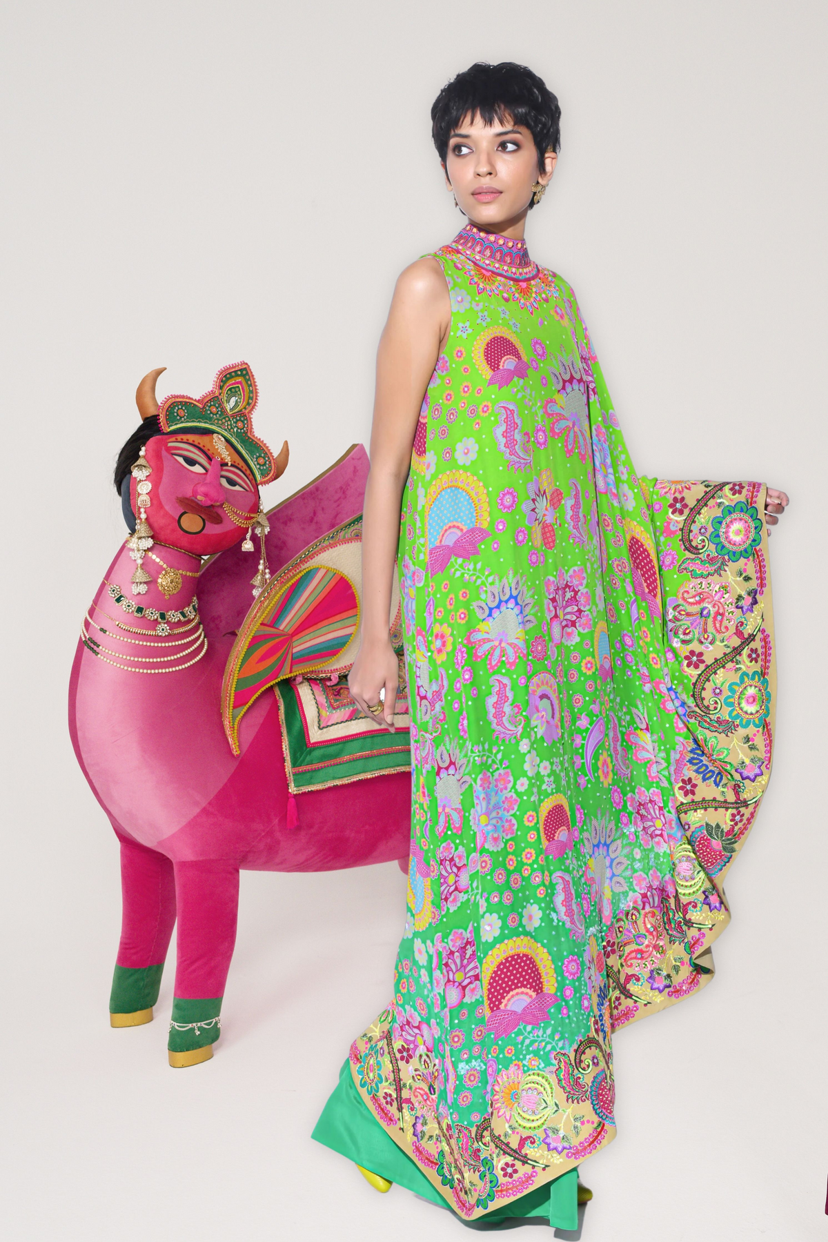Neon Grean Embroidered One Shoulder Dress and Jumpsuit