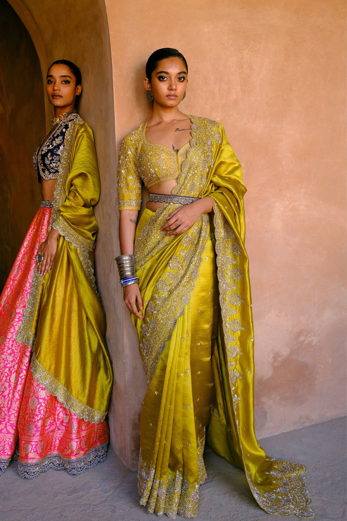 Embroidered Mustard Saree Set