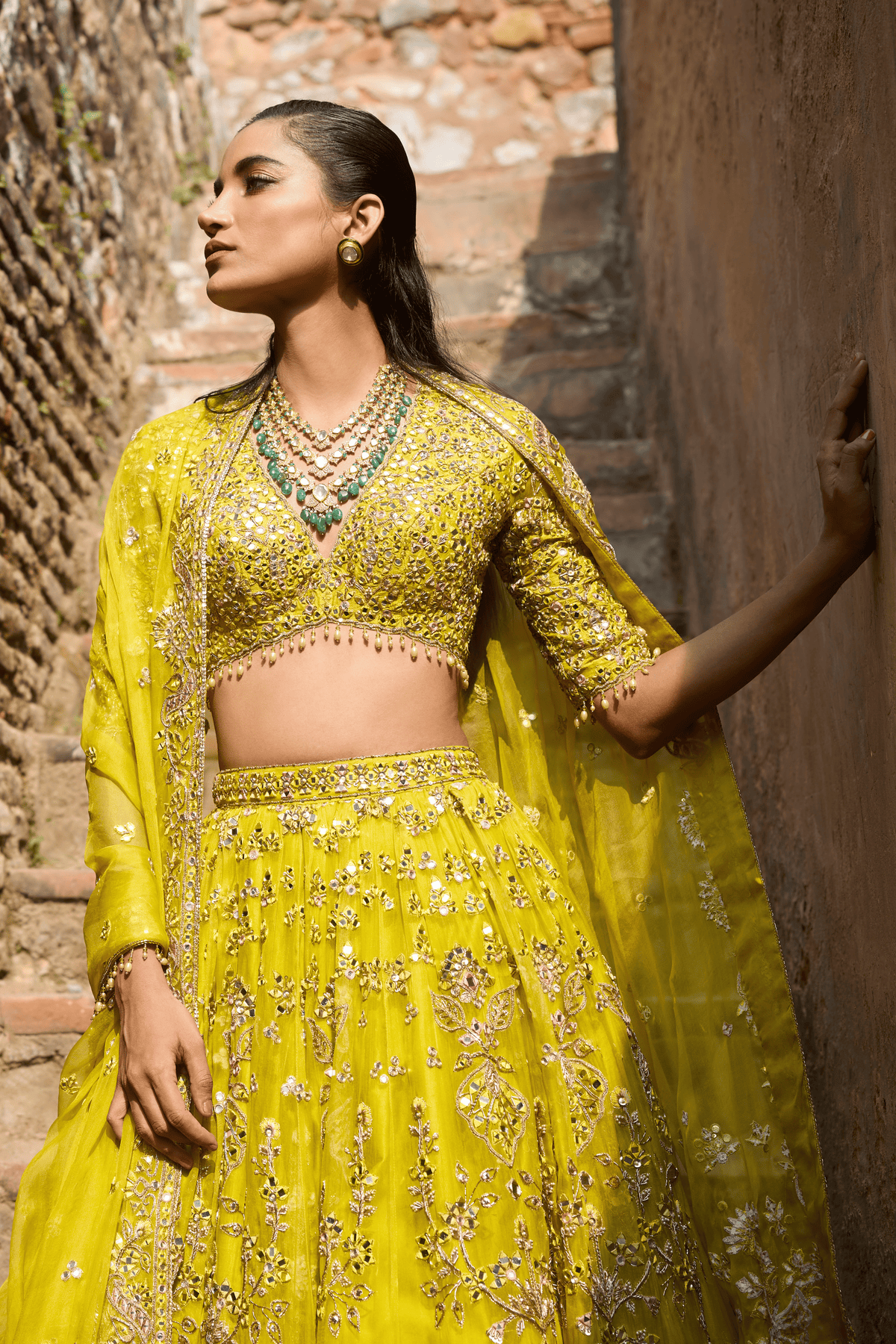 Lime Yellow Organza Lehenga  Set