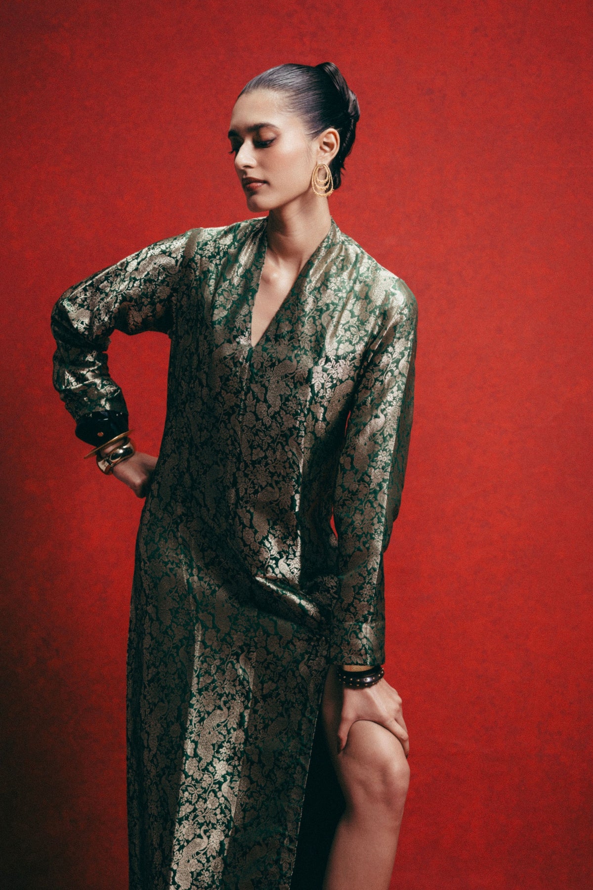 Handwoven Olive Green Banarasi Kaftan