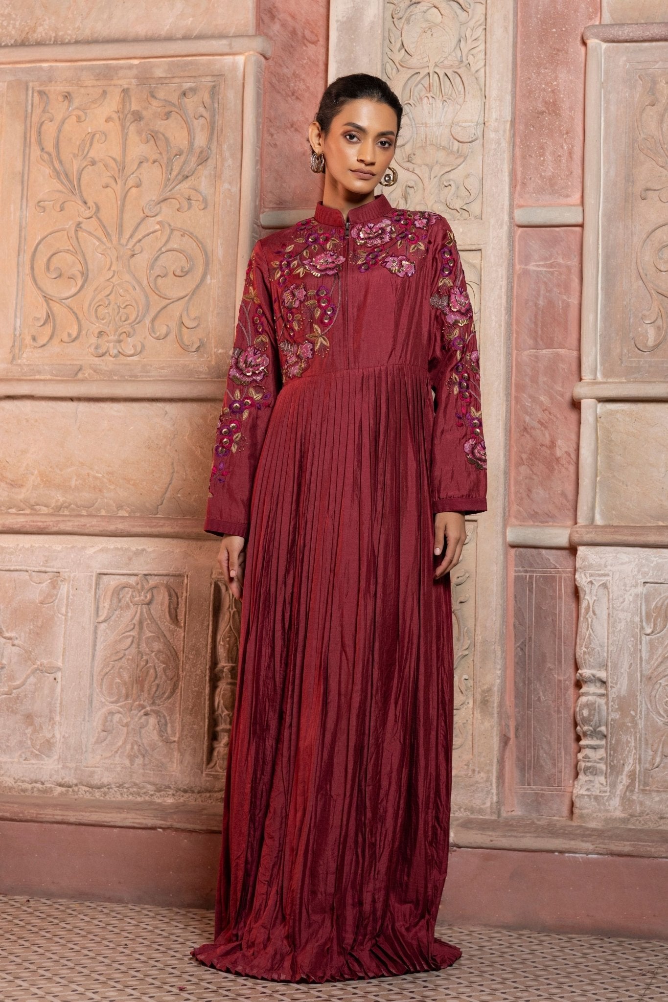 Maroon Pleated Maxi Dress - Pinnacle by Shruti Sancheti - Elahe