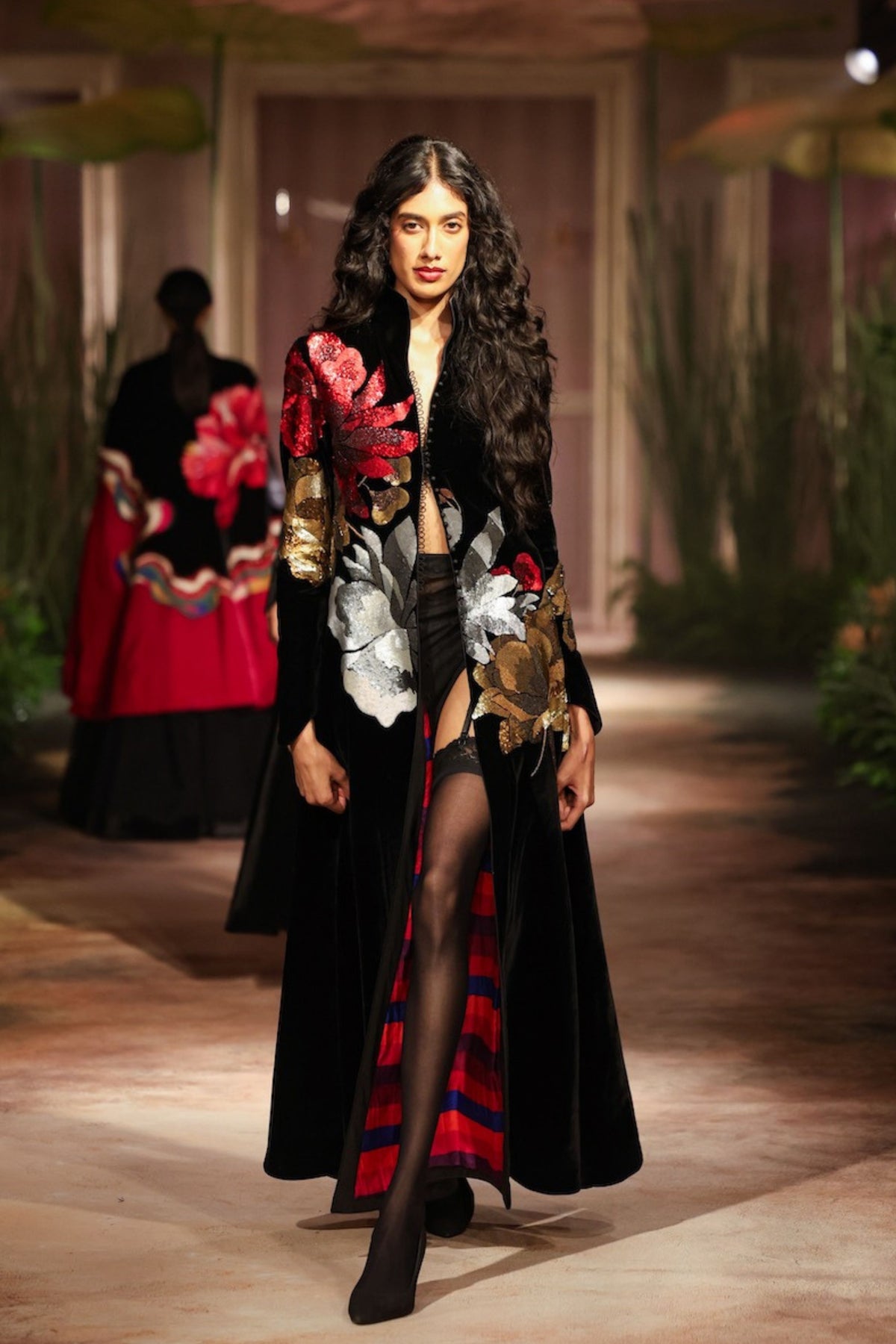 Embroidered Velvet Long Jacket