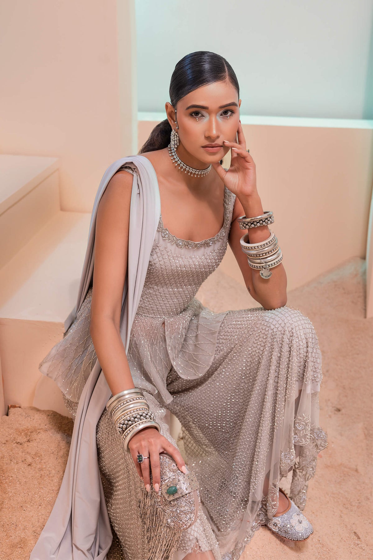 Steel Grey Peplum Sharara Set