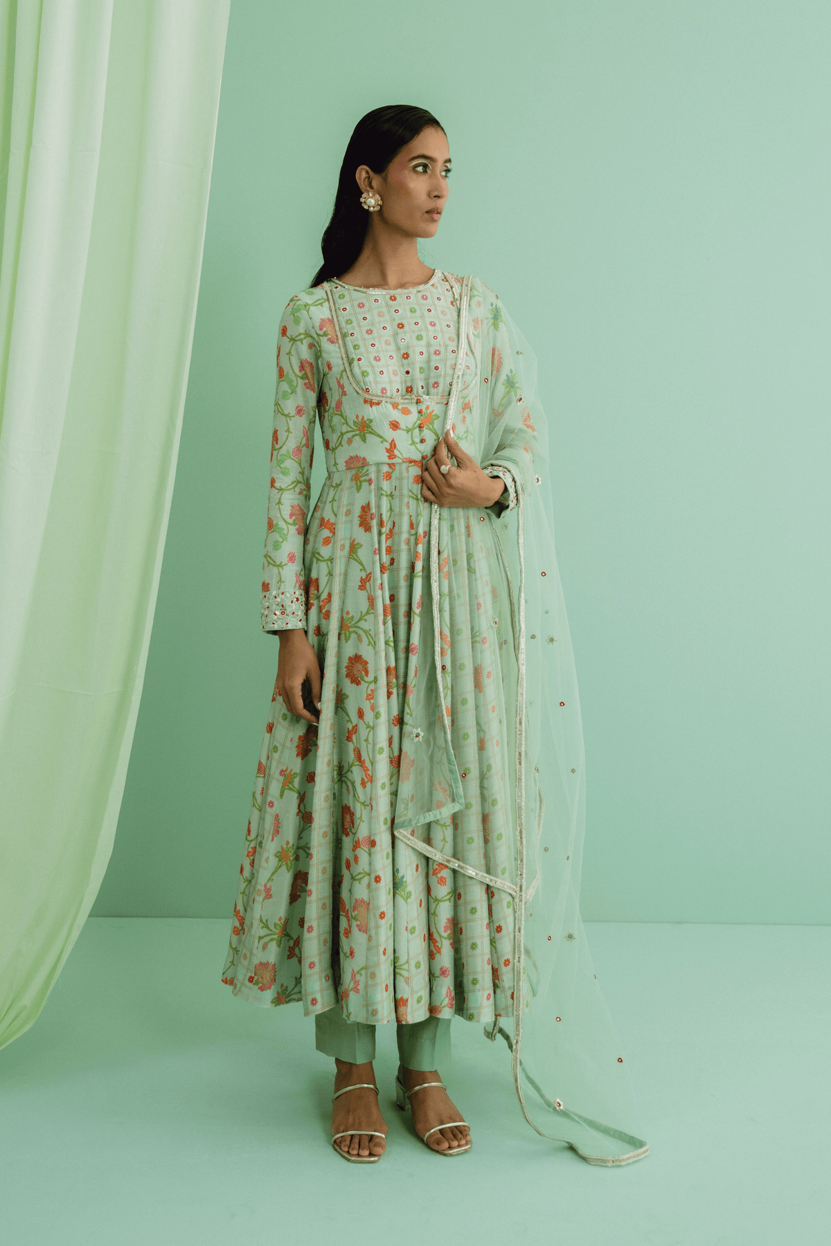 Green Mix Print Yoke Anarkali Set