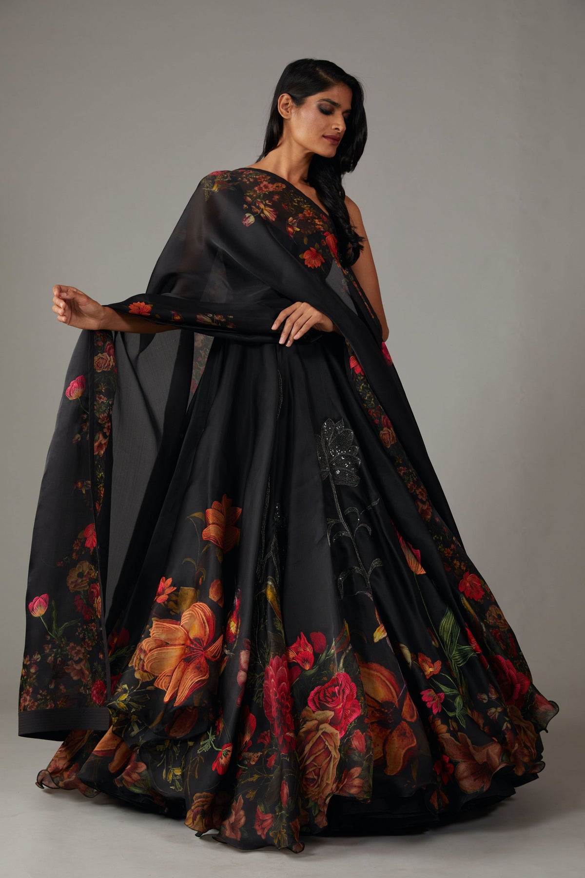 Multicolour Print Black Anarkali Set