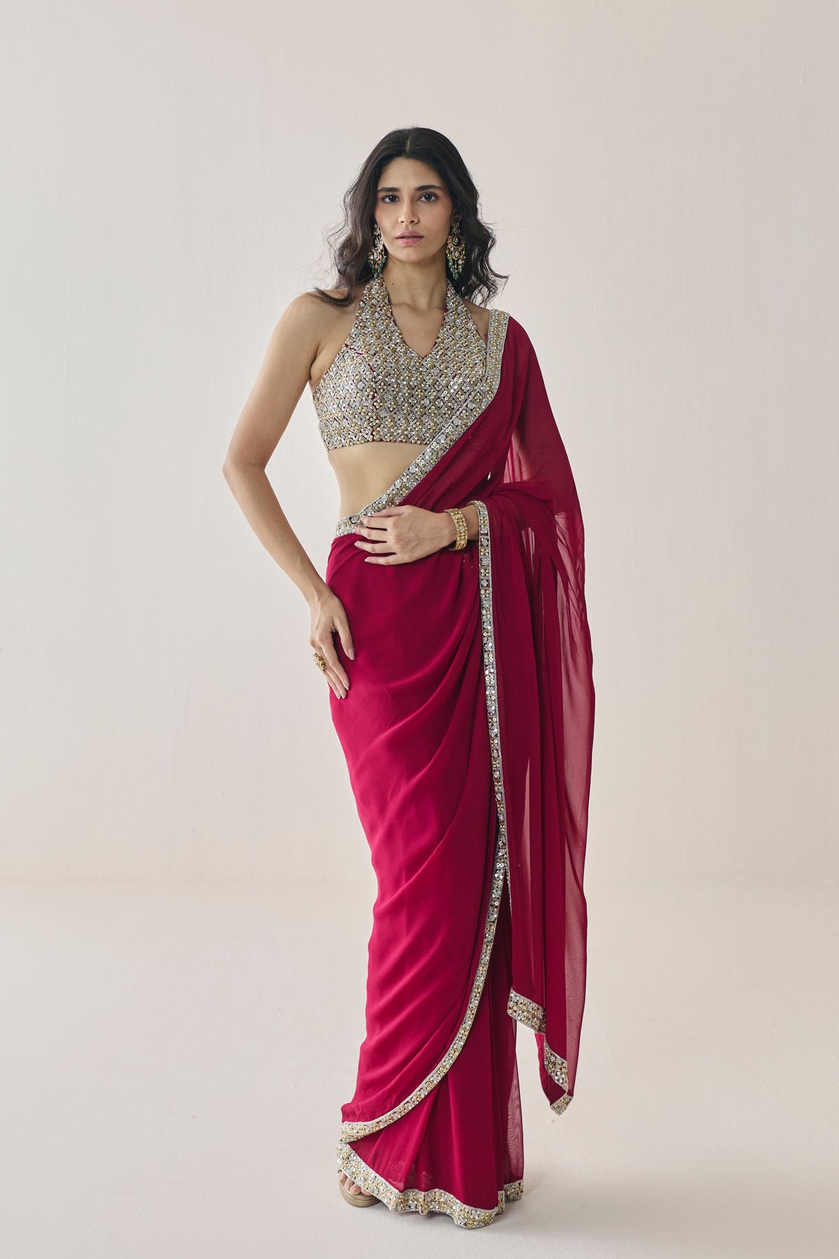 Elowen Berry Pre Stitched Saree Set