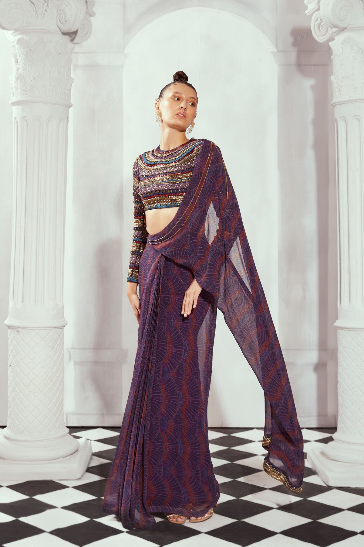 Overtine Greek Art Print Pre Drapped Saree
