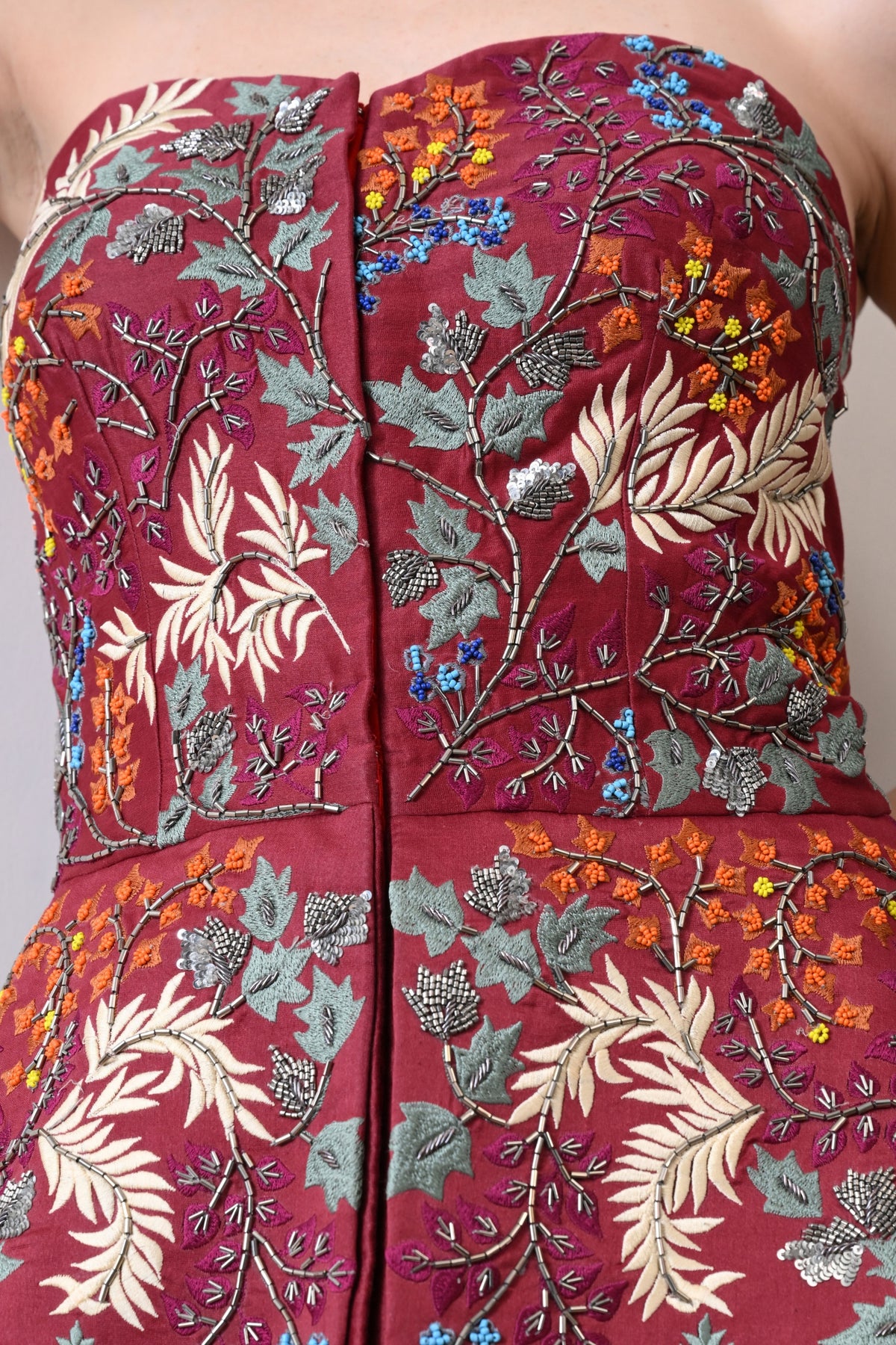 Maroon Strapless Peplum Skirt Set