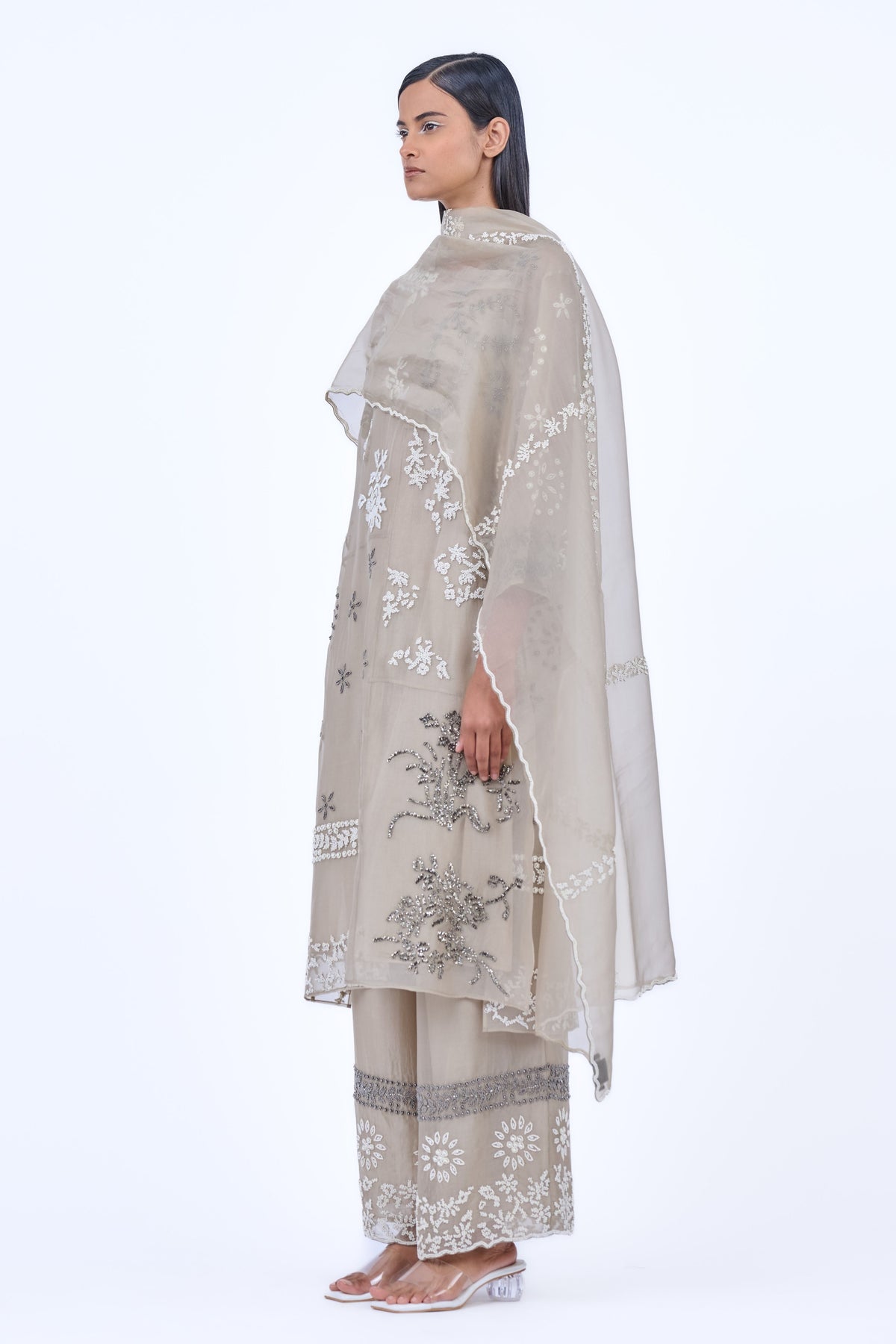 Ecru Silver Silk Organza Kurta