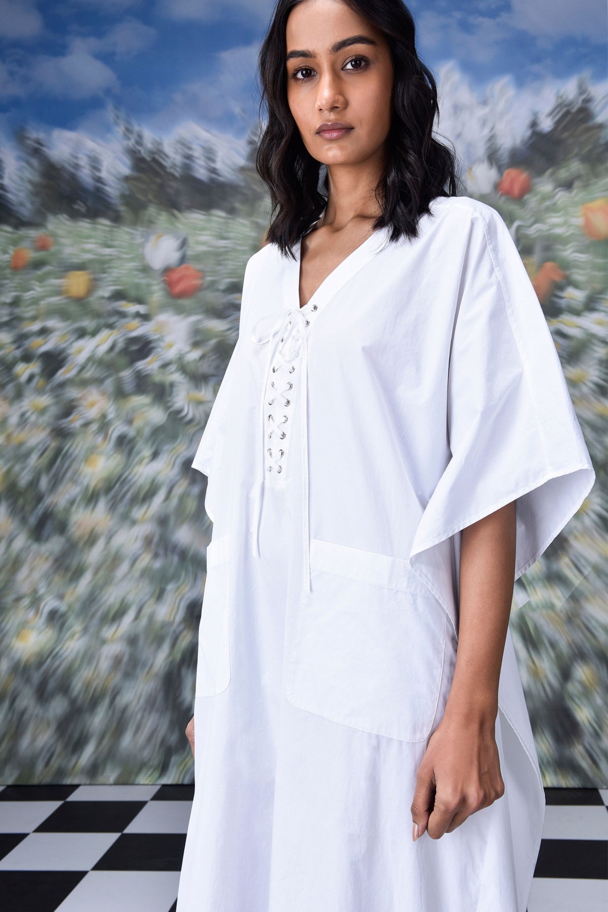 Kaftan Laceup Dress  White