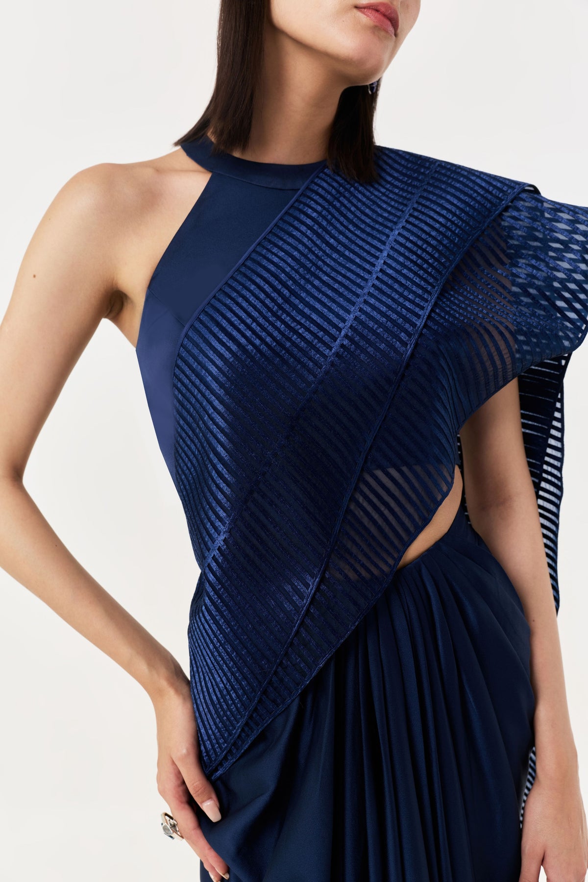 Layered Navy Wave Pre-Stitched Saree