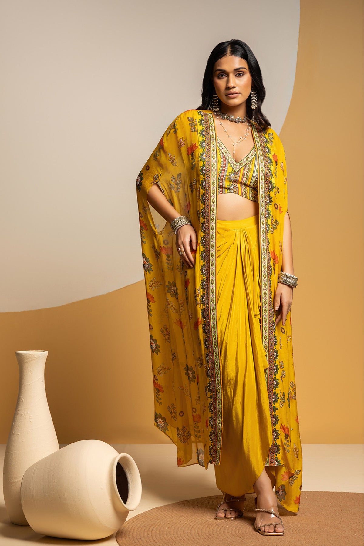 Embellished V Neck Drape Skirt Set