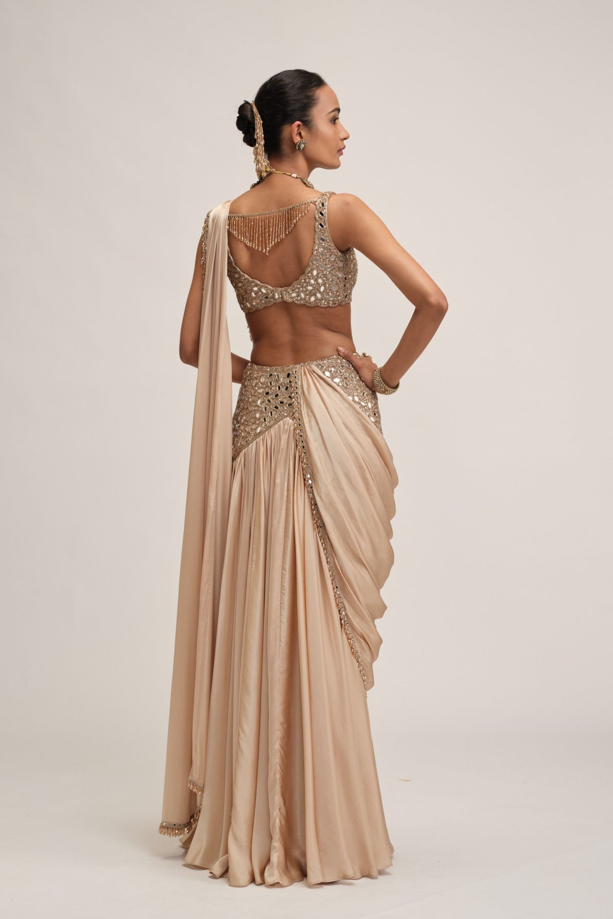 Modern Beige Draped Saree Set