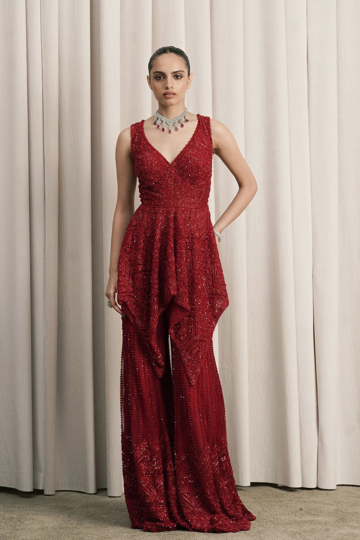 Red Embellished Jacket Sharara Set