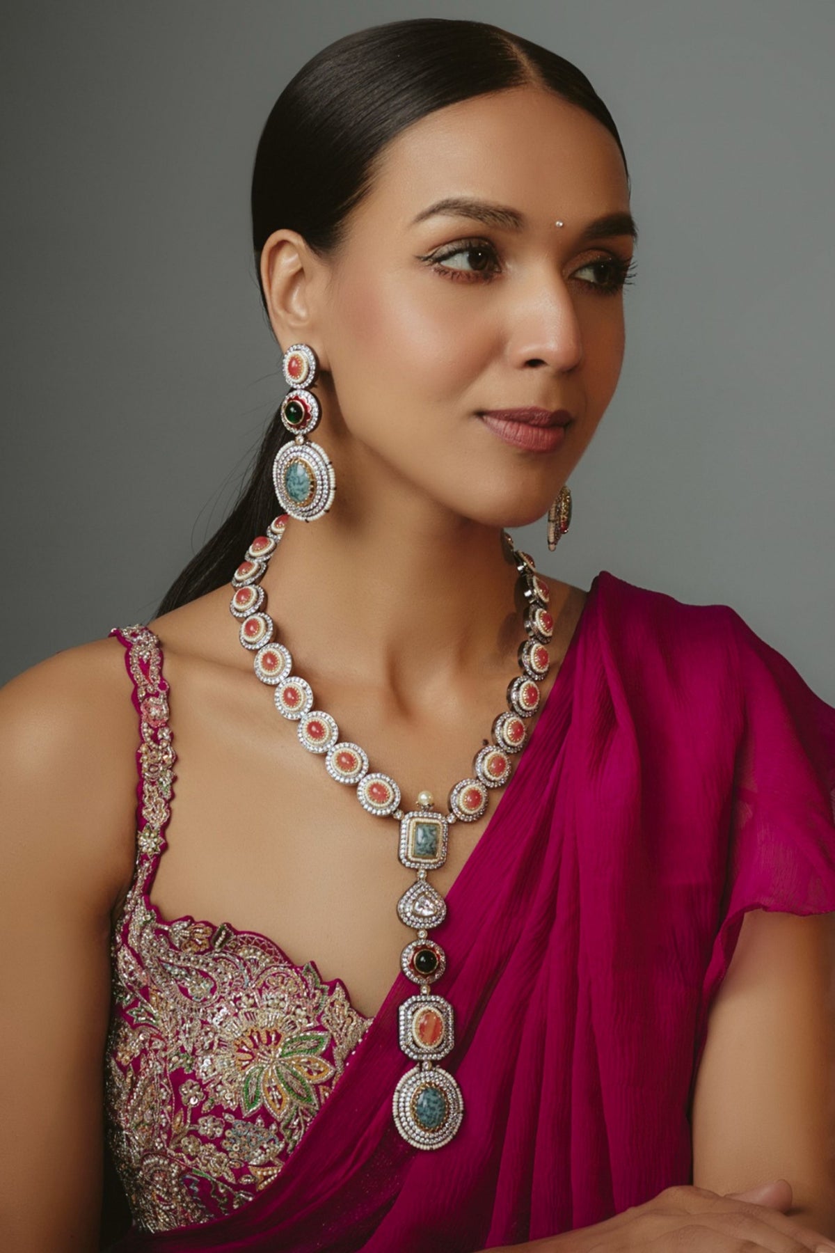 Silver Plated Multicolored Stone Long Necklace Set