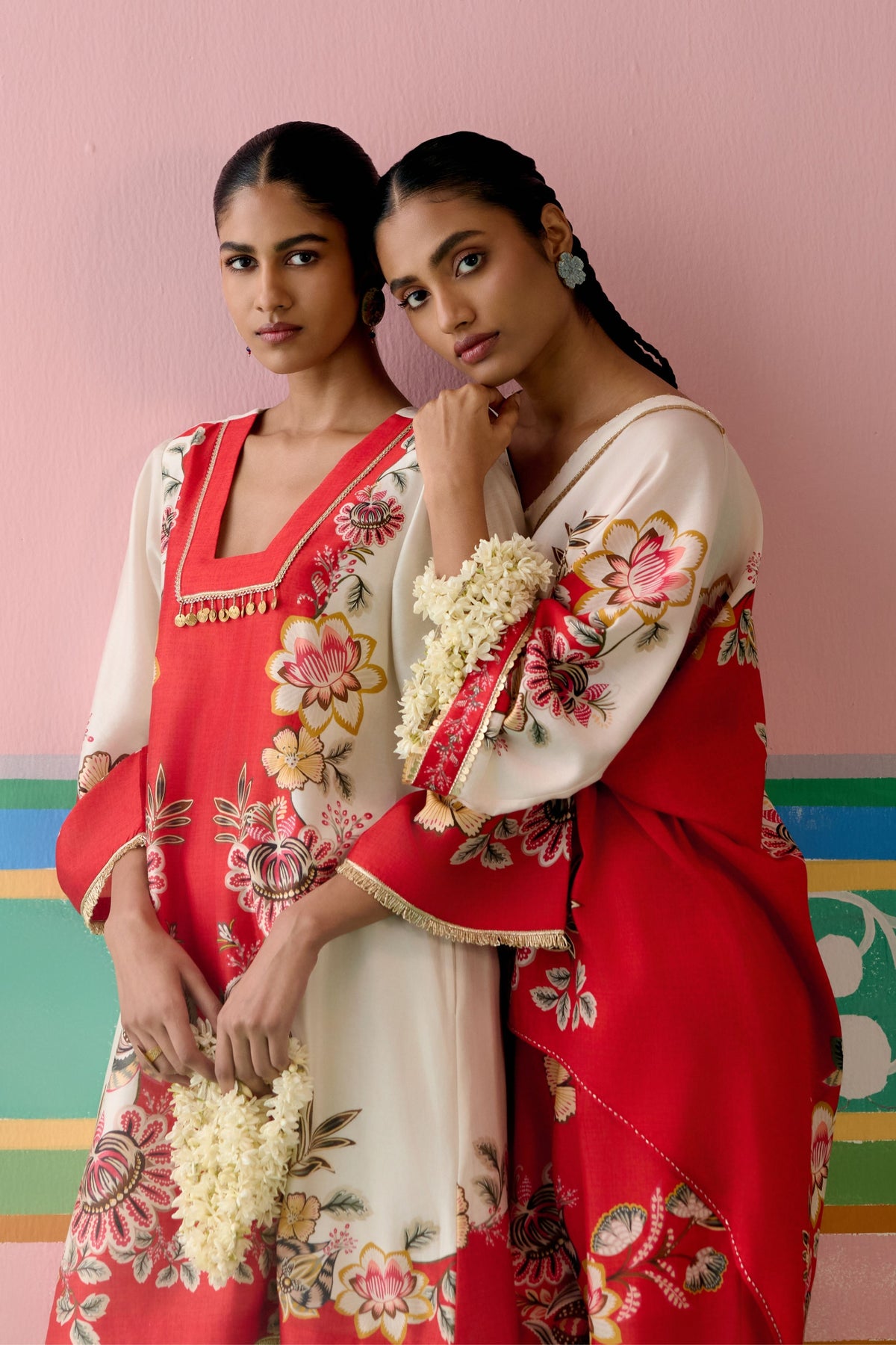 Ecru Red Floral Kurta Set