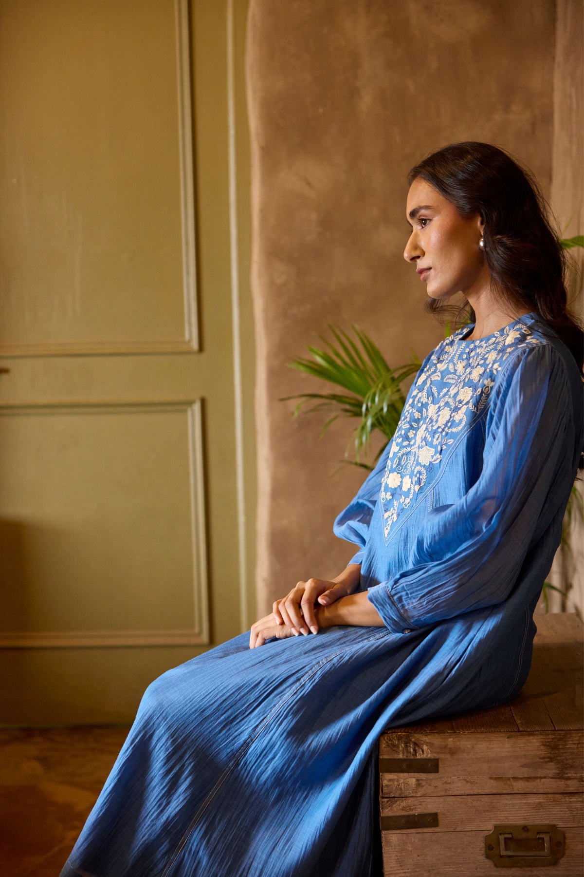 Blue Embroidered Yoke Chanderi Dress