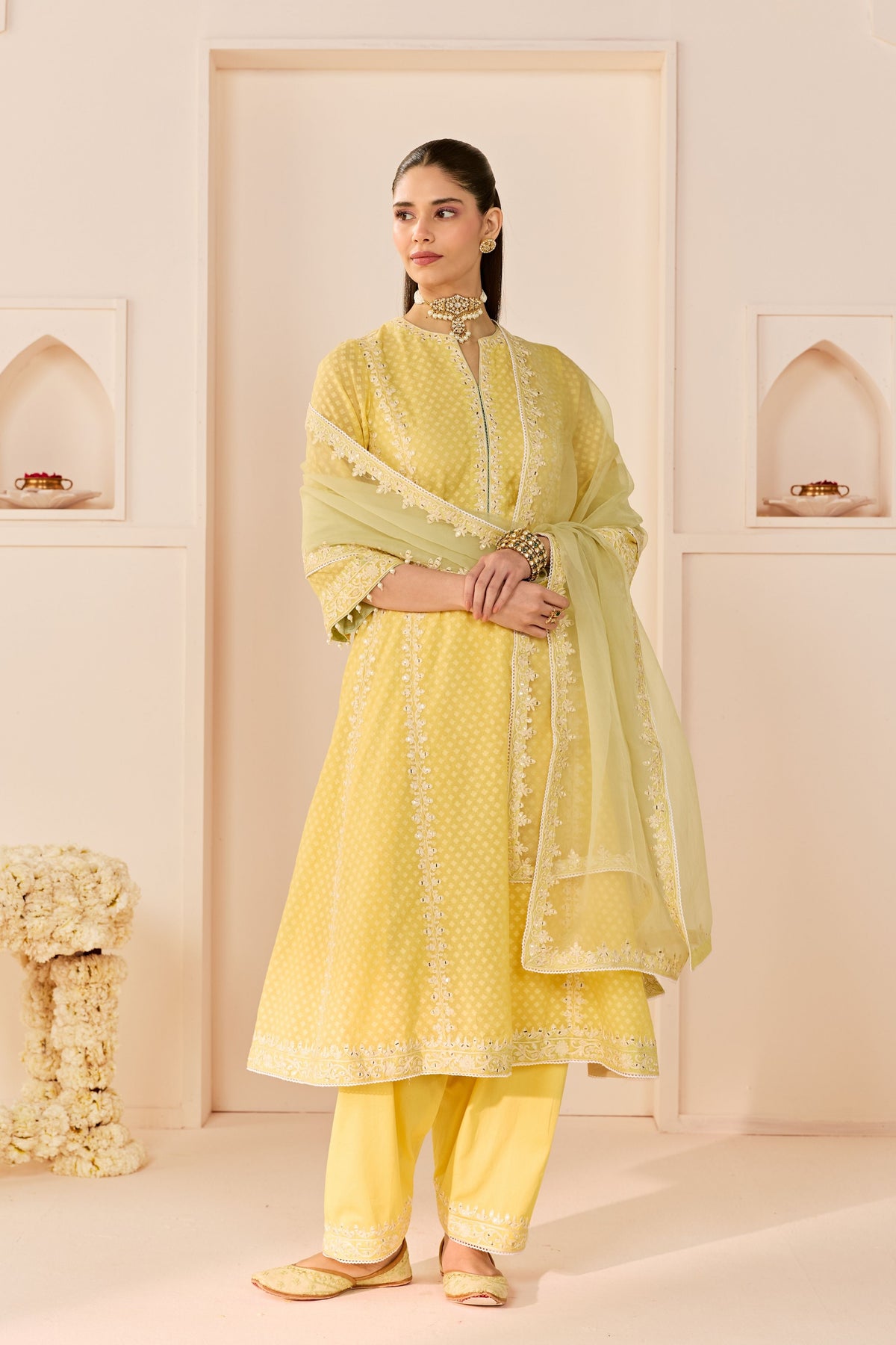 Firdaus Lemon Yellow Long Kalidaar Set