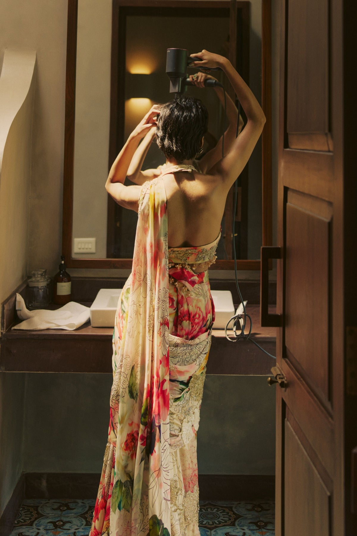 Multicolored Pre Draped Saree Set