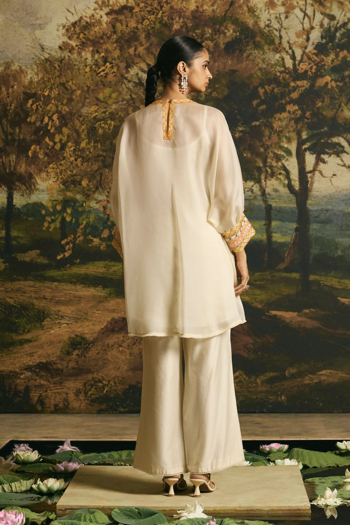 Ivory Floral Silk Tunic Set
