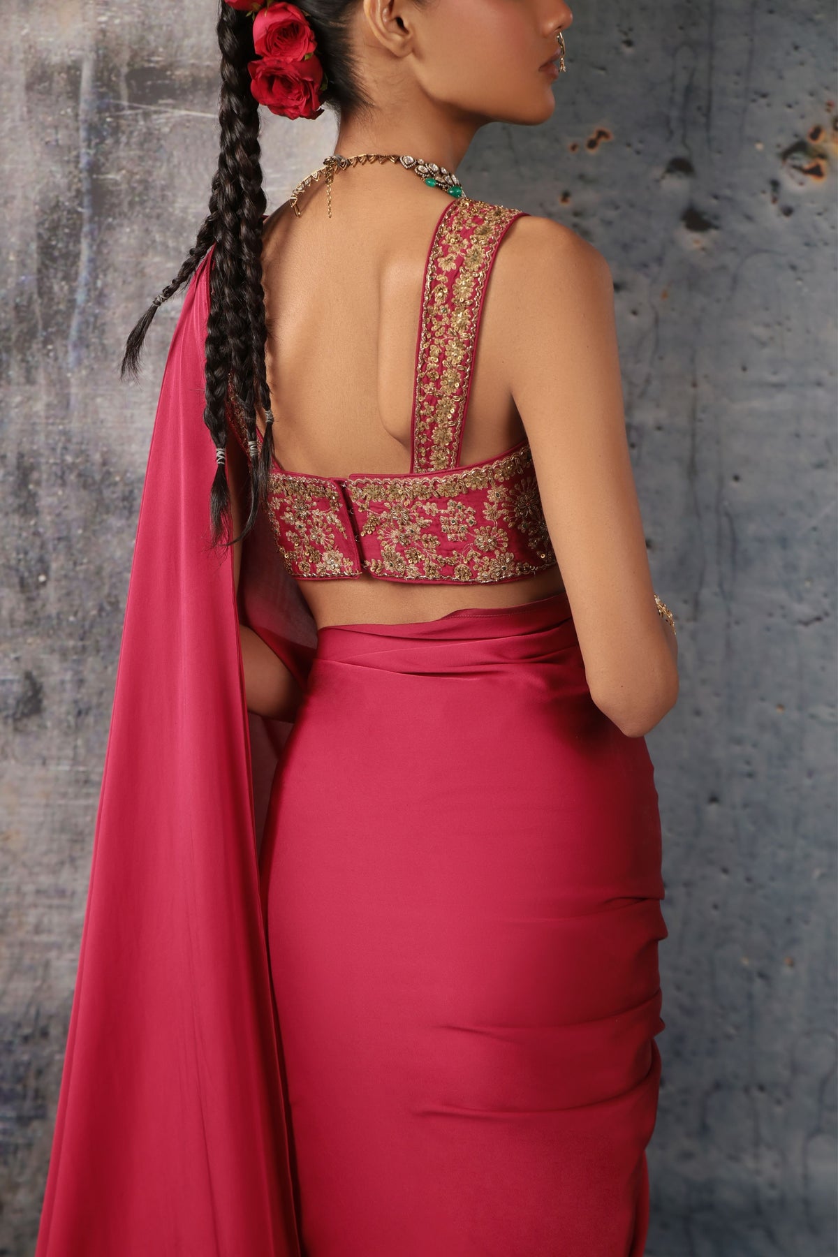Maroon Heavy Fringe Saree Set