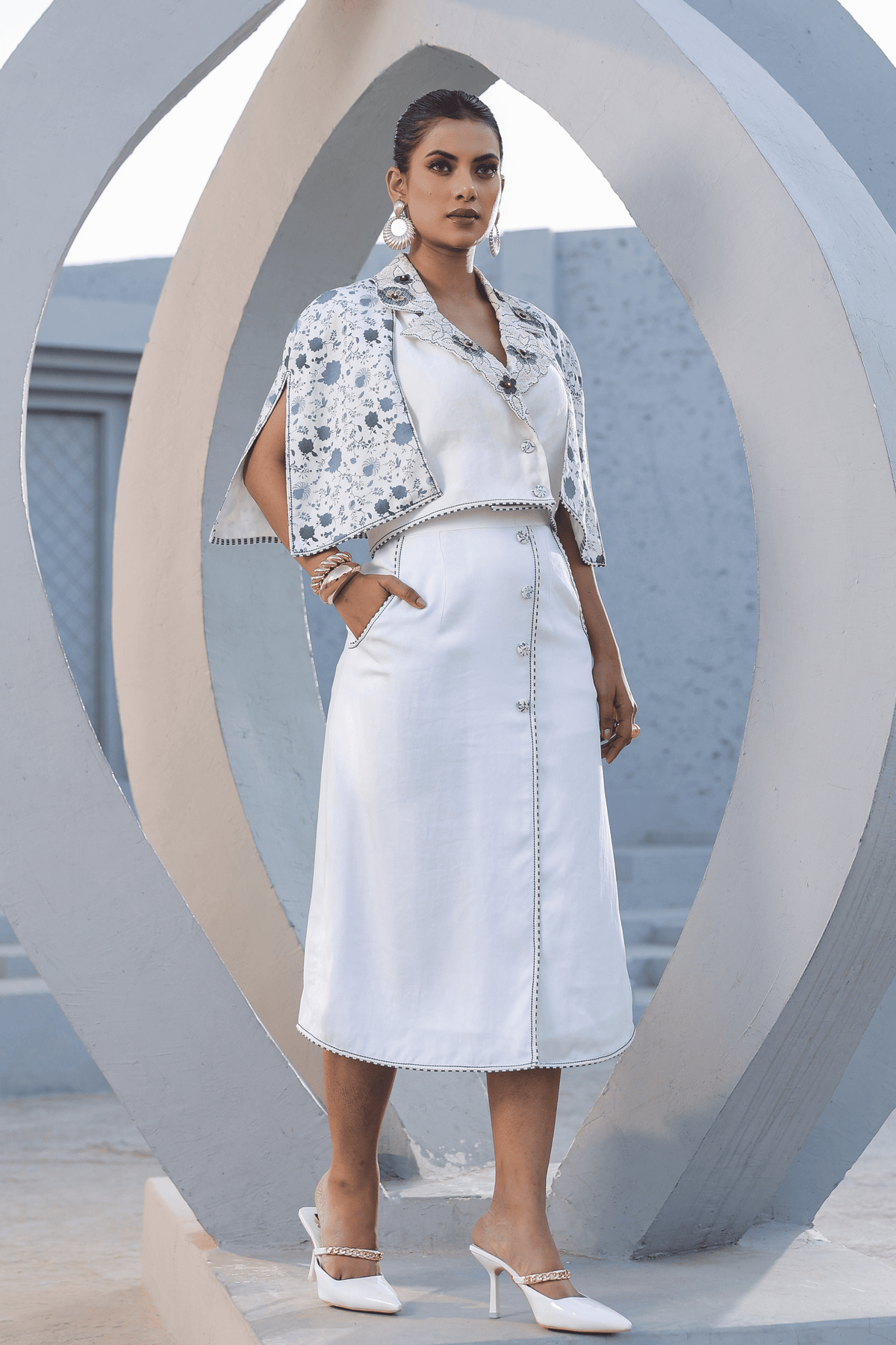 Azure Cape Style Skirt Set in White