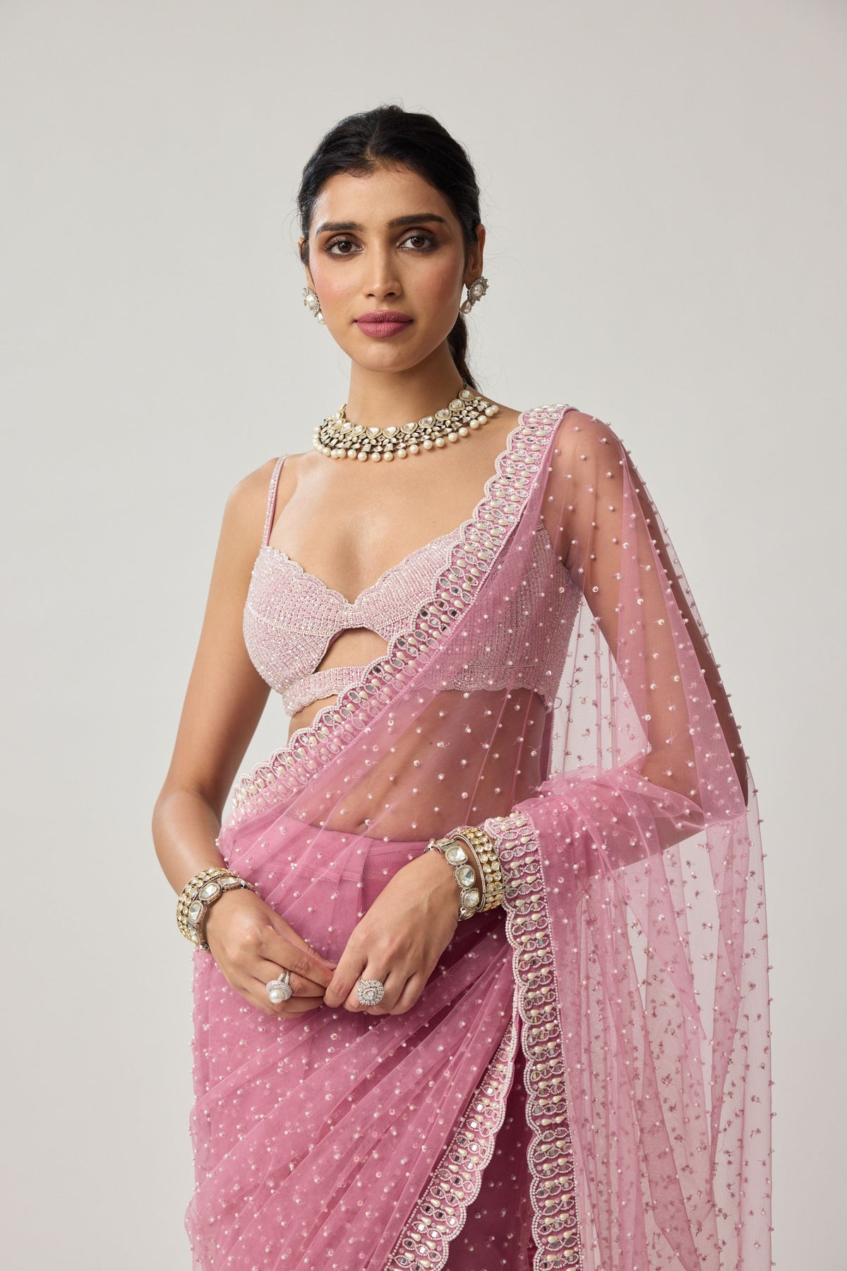 Onion Pink Net Saree Set
